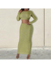 Striped Long Sleeve Backless Skirt Sets