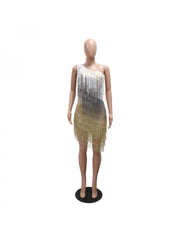 Fringe Patchwork Irregular Inclined Shoulder Dresses