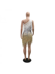 Fringe Patchwork Irregular Inclined Shoulder Dresses