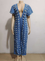 Ripped Deep V Neck Wide Leg Denim Jumpsuits