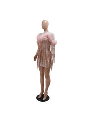 Fringe Patchwork Sequin Turtleneck Mini Dress