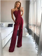 Patchwork Solid Color Strapless Jumpsuits