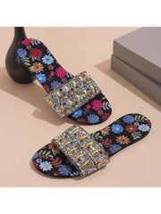 Floral Rhinestone Shiny Slippers