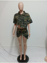 Camouflage Cropped Split Hem Skirt Sets