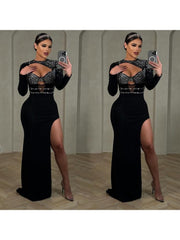 Hotfix Rhinestones Hollow-out Split Hem Long Sleeves Maxi Dresses