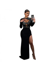 Hotfix Rhinestones Hollow-out Split Hem Long Sleeves Maxi Dresses