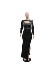 Hotfix Rhinestones Hollow-out Split Hem Long Sleeves Maxi Dresses