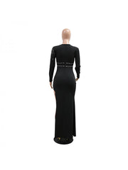 Hotfix Rhinestones Hollow-out Split Hem Long Sleeves Maxi Dresses