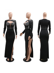 Hotfix Rhinestones Hollow-out Split Hem Long Sleeves Maxi Dresses