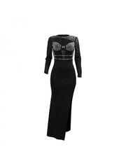 Hotfix Rhinestones Hollow-out Split Hem Long Sleeves Maxi Dresses