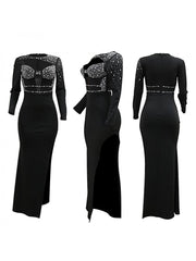 Hotfix Rhinestones Hollow-out Split Hem Long Sleeves Maxi Dresses