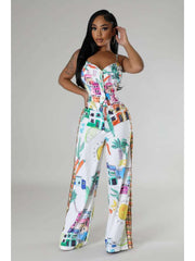 Colorblock Lace Up Tank Wide Leg Pant Sets