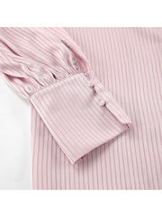 Hollow-out Striped Single Breasted Long Sleeve Blouses