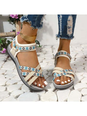 Contrast Color Geometric Pattern Flat Heel Sandals