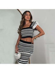 Knitting Striped Cropped Ruffle Skirt Sets