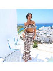 Knitting Striped Cropped Ruffle Skirt Sets