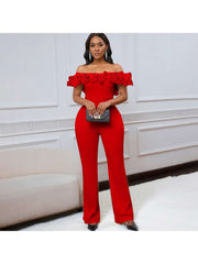 Patchwork Ruffle Off Shoulder Wide Leg Jumpsuits