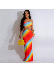 Rainbow Gradient Hollow-out Strapless Maxi Dresses