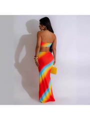 Rainbow Gradient Hollow-out Strapless Maxi Dresses