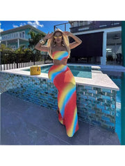 Rainbow Gradient Hollow-out Strapless Maxi Dresses