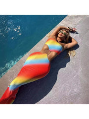 Rainbow Gradient Hollow-out Strapless Maxi Dresses