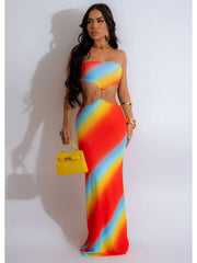 Rainbow Gradient Hollow-out Strapless Maxi Dresses