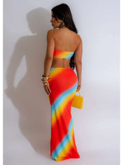 Rainbow Gradient Hollow-out Strapless Maxi Dresses