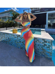 Rainbow Gradient Hollow-out Strapless Maxi Dresses