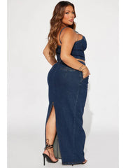 Denim V Neck Smocking Tank Skirt Sets