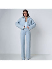 Patchwork Long Sleeve Single Breasted Denim Pant Set