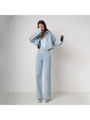 Patchwork Long Sleeve Single Breasted Denim Pant Set