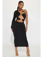 Hollow Out Metal Ring One Shoulder Maxi Dress