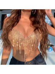 Rhinestone Fringe Backless Design Tops