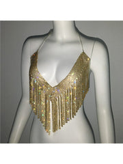 Rhinestone Fringe Backless Design Tops