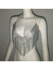 Rhinestone Fringe Backless Design Tops