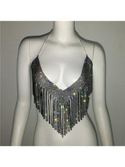 Rhinestone Fringe Backless Design Tops