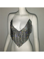 Rhinestone Fringe Backless Design Tops