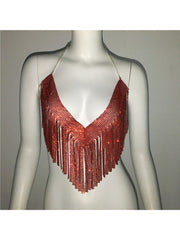 Rhinestone Fringe Backless Design Tops