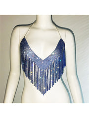 Rhinestone Fringe Backless Design Tops