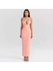 Deep V Neck Halter Backless Maxi Dress