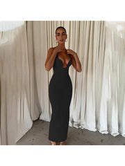 Deep V Neck Halter Backless Maxi Dress