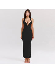 Deep V Neck Halter Backless Maxi Dress