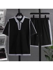 Colorblock Half-Zip Casual Polo Shirt Short Sets Men