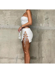 Pure Color Lace-Up Bodycon Sheath Skirt Two Piece Sets