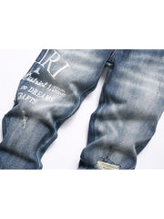 Letter Embroidery Ripped Denim Men's Jeans