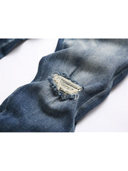 Letter Embroidery Ripped Denim Men's Jeans