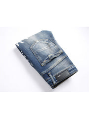 Letter Embroidery Ripped Denim Men's Jeans