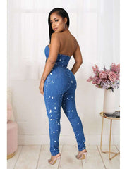 Paint Point Denim Strapless Fitted Jumpsuits