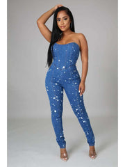 Paint Point Denim Strapless Fitted Jumpsuits