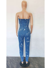 Paint Point Denim Strapless Fitted Jumpsuits